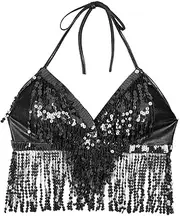 [TiaoBug] Women's Sequin Halter Bra Tassel Top Salsa Belly Dance Festival Raves Party Club Wear Bra Crop Top