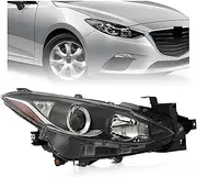 Headlight Assembly Compatible For Mazda 3 Black Housing Halogen Right/Left Passenger/Driver Side Car Headlamp 2014 2015 016(P Side)