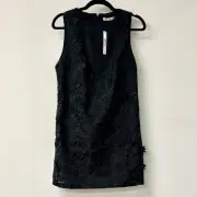 NWT Alice + Olivia 3D Floral Lace Embroidered Mini Shift Dress Black Women's 4