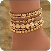 [Octwine] Gold Sexy Dainty Elastic Star Beads Ankle Bracelets for Women Stretch Seed Beads Tennis Anklet Gold Summer Beach Foot Chain Anklet for Women, Large, alloy, no gemstone