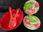 C & C 14" Melamine Watermelon Serving Bowl, Spoons, Plates & Matching Towels NEW