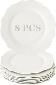 TAMAYKIM 10.5 Inch Wide Rim Porcelain Salad Dinner Plates 8 PCS, Lotus Leaf Shape Pasta/Pasta Plate, Wavy Rim Serving Dinnerware Sets, Scratch Resistant, Microwave, Oven, and Dishwasher Safe, White
