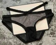 NWT VICTORIA'S SECRET BLACK POLKA DOT DOTTED MESH RUFFLE STRAPPY BIKINI PANTIES