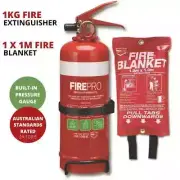 FirePro Fire Extinguisher 1kg + Blanket 1m x 1m Safety Kit Home Car Caravan Boat