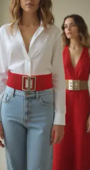 Women Red Elastic Wide Waistband Fashion Belt Bling Metal Square Buckle Size S M