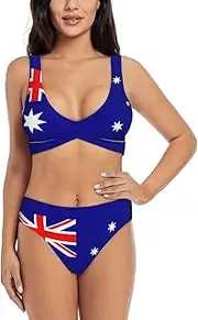 [EdWal] Australian Flag Print Bikini Set for Women Halter Strapless Ruched Color Block Trim Swimsuit 2 Piece for Women