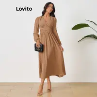 在飛比找蝦皮商城優惠-Lovito 女式休閒點點結構線條褶皺提花連身裙 LBL10