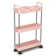 4.9" Dx 15" Wx 25" H Pink 3 Levels Storage Shelves Slim Rolling Storage Cart