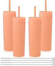 Volhoply 16oz 470ml Plastic Skinny Tumblers with Lid and Straw Bulk | Double Wall | Reusable Iced Coffee Mug | BPA Free | Matte Acrylic Water Cups (Orange,4 Pack)