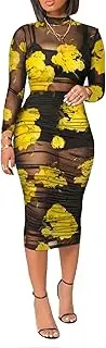 [Mojessy] Women Sexy See Through Mesh Long Sleeve Ruched Midi Dresses Crop Top Bodycon Skirt 3 Piece Outfits Set Clubwear