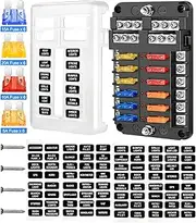 Telsitine 12 Way Fuse Box, 12V Blade Fuse Block, 12 Circuit with Negative Bus Waterproof Fuse Box Holder with LED Indicator for 12V/24V Automotive Golf Cart Truck Car Boat Marine RV Van Vehicle