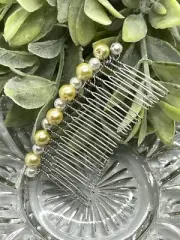 Bridal Wedding Light Yellow white Beaded Side Comb 3.5” metal silver Accessories