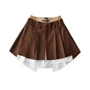 High Rise Paneled Color-Block Mini Pleated Skirt Coffee - S