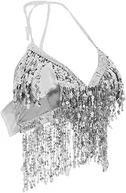 [Eigell] Belly Dance Costume Bra Halter Top Sequined Performance Outfits, Sliver, as described