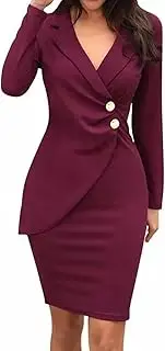 [Generic] Women Formal Dresses,Elegant Solid Turn Down Neck Long Sleeve Buttons Casual Work Bodycon Dress for Club Cocktail (Red S)