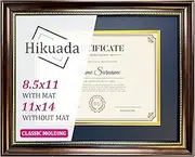 Hikuada Diploma Frame 8.5 x 11 with Blue over Gold Mat or Display 11x14 Document without Mat Certificate Degree Graduation Gifts with Gold Beads Wall Mount&Tabletop Display