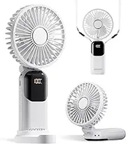 GOCKERA Portable Fan, 4200mAh Battery Operated Fan, 5 Speeds&Digital Display, Makeup Fans for Women with Base, 180°Foldable 3in1 Handheld/Neck/Desk Fan for Outdoor Indoor,Ultra Quiet (White)
