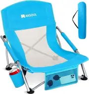 AKSOUL Blue Low Back Folding Beach Chair - Carry Bag Storage Pocket Drink Holder