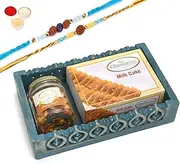 Ghasitaram Gifts Rakhi Gifts for Brothers Blue Wooden Tray with Milk Cake and Mix Dryfruits Jar with 2 Blue Rudraksh Rakhis