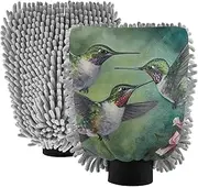 XYMZR Humming Bird Floral Green Absorbent Microfiber Car Wash Mitt, Funny Cute Anime Scratch Free for Cars Cleaning, Home Cleaning Mitts, 2 Pack, 10.24” L x 7.09” W
