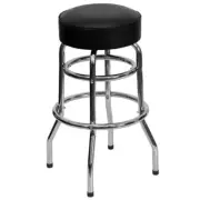 Commercial Quality Double Ring Chrome Barstool with Black Vinyl Upholstered Seat