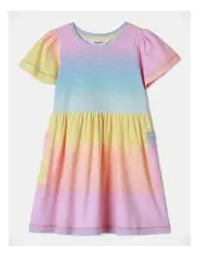 [Milkshake] Fluted Sleeve Rainbow Patch Pocket Dress in Rainbow