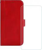 LCEHTOGYE Cover for Oppo Find X6 Pro + HD Tempered Glass,Shell PU BracketBumper Protective Back Case - Anti-Scratch Screen Protector for Oppo Find X6 Pro-YSN2 - Red
