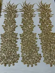 3D Bead Peacock Feathers - Gold Vegas Sequins Design Fabric By Panel