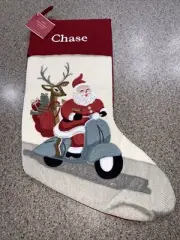 Rare Pottery Barn CREWEL Santa on Motorcycle CHRISTMAS STOCKING Monogrammed