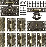 Rectangle Antique Right Hook Hasp Latch Vintage Bronze Engraved Hinge with Matching Screws for Repair and Decorative Jewelry Box Wood Boxes 4 Sets