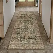 HUGEAR Washable Runner Rug 60x240cm Hallway Green Vintage Modern Classic Boho Kitchen Distressed Non Slip Long Carpet Indoor Retro Floral Bedroom Accent Throw Rug for Office Laundry