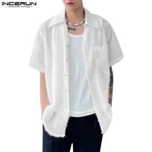 Incerun 男士韓版純色流蘇設計短袖襯衫