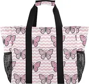 [sanluoli] Tote Bag Foldable Beach Tote With Compartments Canvas Carrying, Wave Pattern Animal Butterflies Peach, 1 size