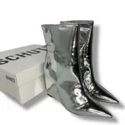 NEW Schutz Asya Silver Mirror Booties Size 6 Wedge Heels Shiny Mid Calf Tailored