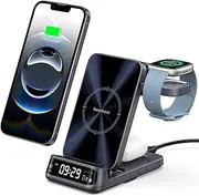 Wireless Charger for Fitbit Versa 4/3/Sense 2/1/Ace LTE, Charging Station for iPhone 16/15/14/13, for Samsung S25/S24/S23, 3-in-1 Charger Stand for AirPods/Galaxy Buds, SwanScout 708FB (No Adapter)