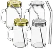 COLLBATH 4 Pcs Glass Drinking Jars with Lids Ergonomic Handle Straw for Juice Milk Water Stylish Mugs for Home Office Study Use
