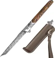 ITOKEY EDC Pocket Knife with Sheath, Gentleman's Slim Knife with Tanto Blade, Wood Handle, Flipper Open, Liner Lock, Outdoor Folding Knives For Men Everyday Carry