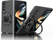 Asuwish Phone Case for Samsung Galaxy Z Fold 4 5G 2022 Cover and Magnetic Ring Holder Stand Slim Hard Hybrid Cell Accessories Protective ZFold4 Z4 Fold4 4Z ZFold45G Wireless Charger Women Men Black