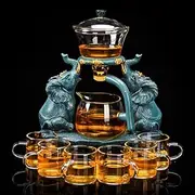 RORA Lazy Kungfu Glass Tea Set Semi Automatic Drip Rotating with Infuser Glass Teapot Set (Elephant Tea Set+6 cups)