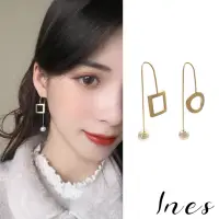 在飛比找momo購物網優惠-【INES】韓國設計金屬幾何形狀不對稱長款珍珠耳環