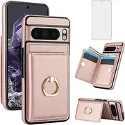 [Asuwish] Phone Case for Google Pixel 8 Pro 5G Cover with Screen Protector and RFID Credit Card Holder Slot Kickstand Ring Cell Accessories Flip Mobile Pixel8Pro Pixel8 XL Eight 8Pro Women Men Rose Gold