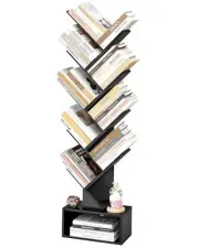 Tree Bookshelf, Tall Bookcase with Drawer, Wood Book Shelf, 9 Tier Black