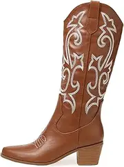[LNNLUU] Women's Embroidery Mid Calf Cowboy Boots(35-42), Pointed Toe/High Heels(6-8cm), Rubber Bottom/Anti-Slip, Pull-on/Breathable, for Spring, Autumn,41,Brown