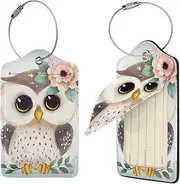 [FJWSLCH] Cute Owl with Flowers Luggage Tag for Suitcases, 2 PCS Suitcase Tags, Identifiers Travel Bag Tags for Luggage Travel Tags, Baggage Tags, Leather Name ID Labels and Metal Loop for Women Men