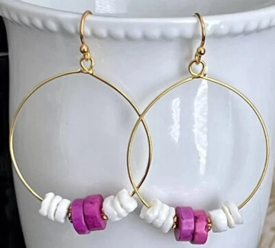 Beautiful Gold, Ivory Shell and Fuchsia Stone Heishi Bead Hoop Earrings.