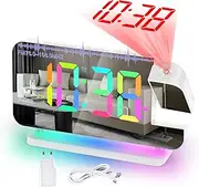 SZELAM Radio Alarm Clock with Projection, Alarm Clock Digital, 7.4 Inch LED Radio Alarm Clock with Sleep Timer, 180° Rotating Projector, 10-Colour Night Light, 11 RGB Colour Digital Display, Table