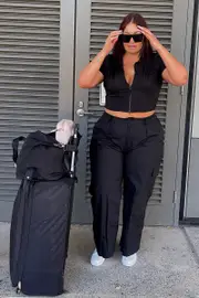 Black Crop Top Chunky Zip Rib Jersey