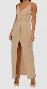 Aidan by Adrianna Papell Women Beige Metallic V-Neck Gown Dress Size 2