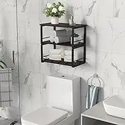 BEAUTME Floating Wall Mounted Shelves, 3 Tier 45cm Wood Storage Shelves for Wall, Coffee Bar Shelf with Hooks, Industrial Display Shelf in Bathroom and Living Room