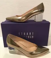 Stuart Weitzman FirstClass Aurum Metal Mirror Metallic Leather Lucite Heel Sz 6